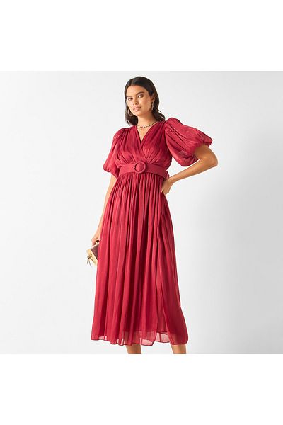 2Xtremz Textured V-neck Midi Dress With Puff Sleeves
