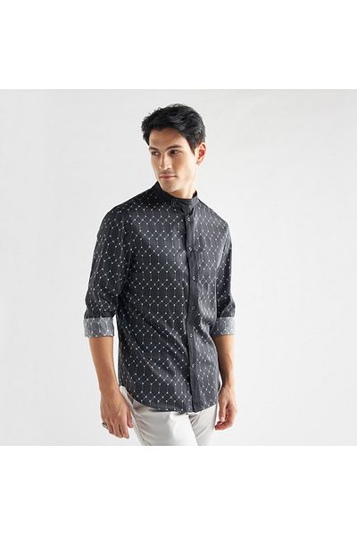 FAV All-over Geometric Print Shirt With Mandarin Collar And Long Sleeves