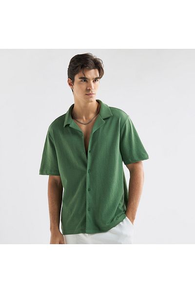 FAV Textured Camp Collar Shirt With Short Sleeves