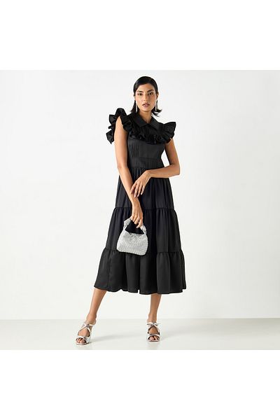 2Xtremz Tiered Midi A-line Sleeveless Dress With Collar And Ruffle Detail