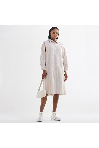 FAV Striped Button Down Shirt Dress With Long Sleeves