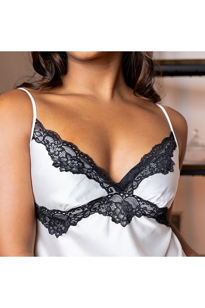 Aadaraya Sateen Chemise With Lace Detail And Adjustable Straps