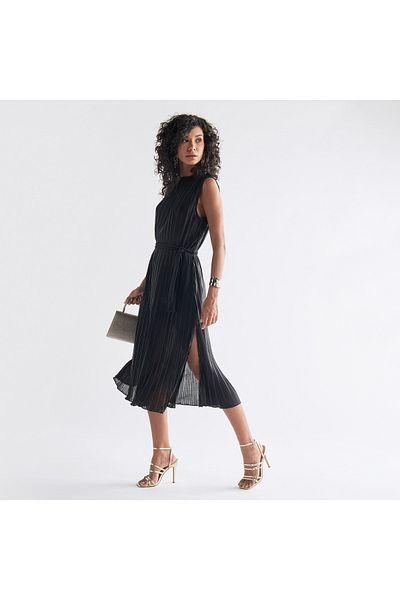 FAV Pleated Sleeveless Dress With Tie-up Belt And Slit Detail