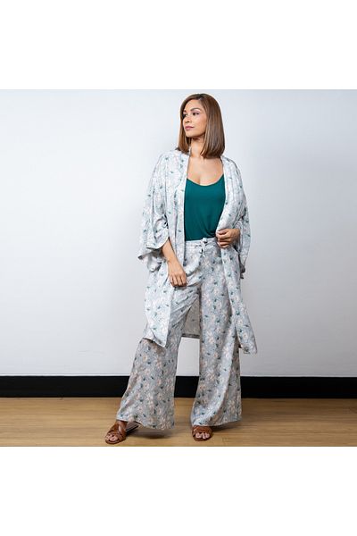 Aadaraya Floral Print Open Front Kaftan With Wide Leg Pants And Camisole Set