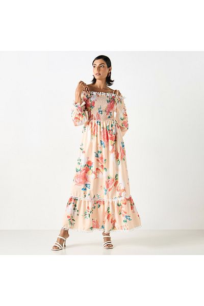 2Xtremz Floral Print Smocked Maxi Off Shoulder Dress With Strappy Tie-ups