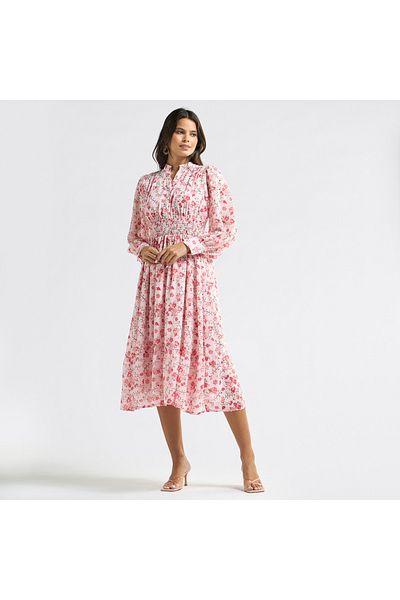 FAV All-over Floral Print A-line Dress With Seersucker Detail And Mandarin Collar