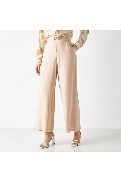 Iconic Buckle Detail Wide Leg Pants With Zip Closure And Pockets