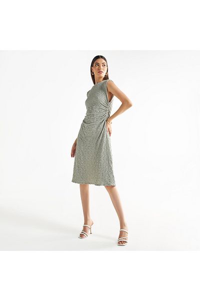FAV Textured Sleeveless Midi Dress With Ruched Detail