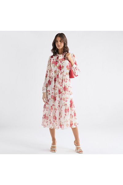 FAV Floral Print Midi Dress With Pussybow Collar And Long Sleeves