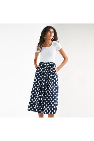 FAV Polka Dot Print A-line Dress With Short Sleeves And Pocket