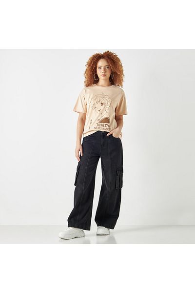 SP Characters Fruit Basket Print Crew Neck T-shirt With Short Sleeves
