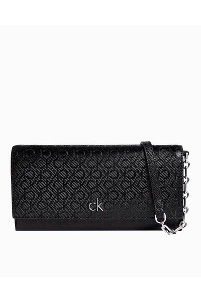 Calvin Klein Black Leather Shoulder Bag with Ck Monogram Logo - Adjustable Strap K60K 612853 -0Gj