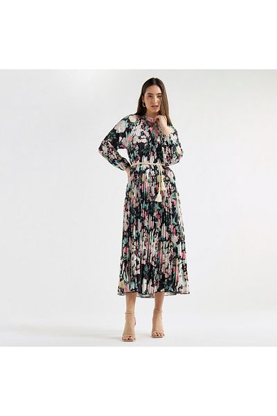 FAV Floral Print Pleated A-line Dress With High Neck And Long Sleeves