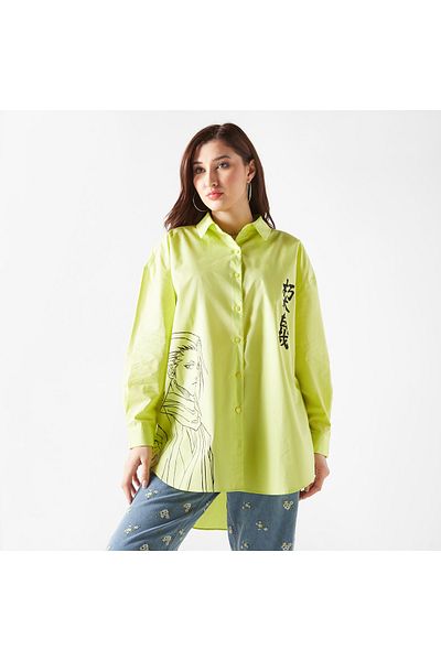 SP Characters Naruto Print Oversized High Low Shirt With Long Sleeves
