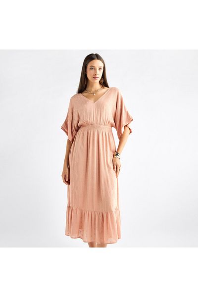 FAV Textured V-neck Dress With Extended Sleeves And Flounce Hem