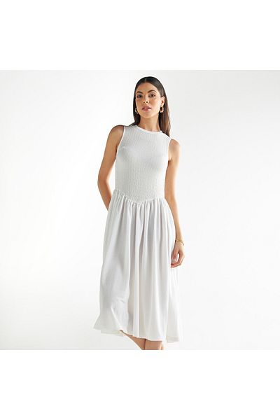 FAV Textured Bodice Flared Midi Sleeveless Dress