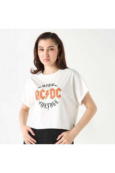 SP Characters Ac/dc Print Crop T-shirt With Crew Neck And Extended Sleeves