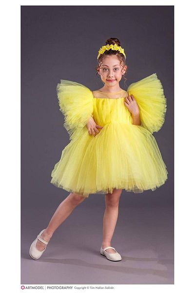 RAPAPA Girl's Tutu Skirt, Puffy Sleeves, Komotini Crown Evening Dress Yellow 1662