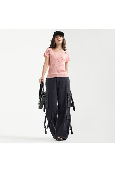 FAV Textured Square Neck T-shirt With Short Sleeves