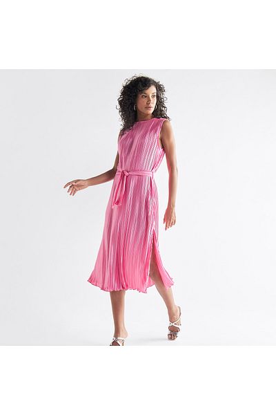 FAV Pleated Sleeveless Dress With Tie-up Belt And Slit Detail