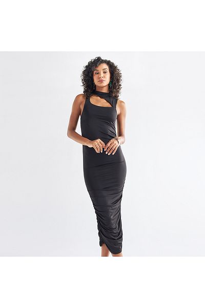 FAV Cutout Detail Sleeveless Slinky Bodycon Dress With Ruching