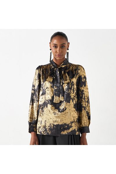 2Xtremz Textured Top With Pussy Bow Neck And Long Sleeves
