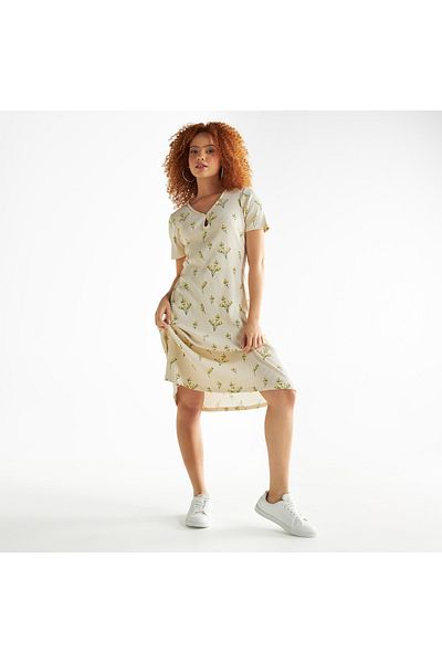 FAV All-over Floral Print V-neck Dress With Short Sleeves