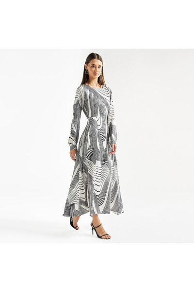 FAV Geometric Print Maxi A-line Dress With Long Sleeves