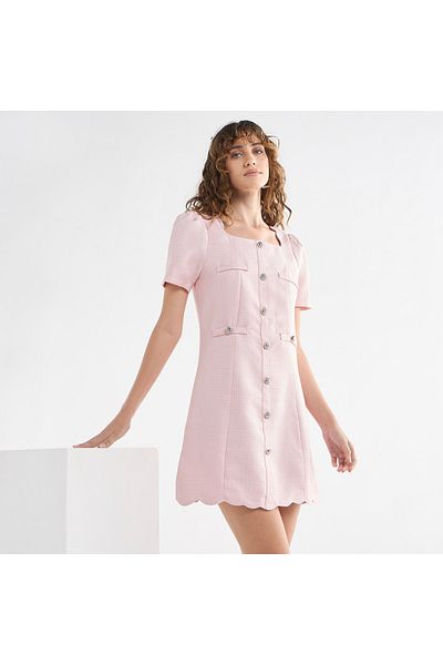 FAV Textured Scallop Hem Mini Dress With Short Sleeves And Square Neck