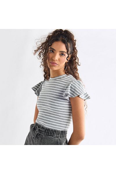 FAV Striped Top With Crew Neck And Flutter Sleeves