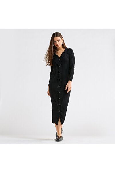 FAV Textured Collared Shirt Dress With Long Sleeves