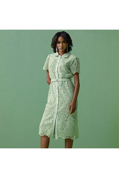 Iconic Floral Lace Textured Midi Shirt Dress With Short Sleeves