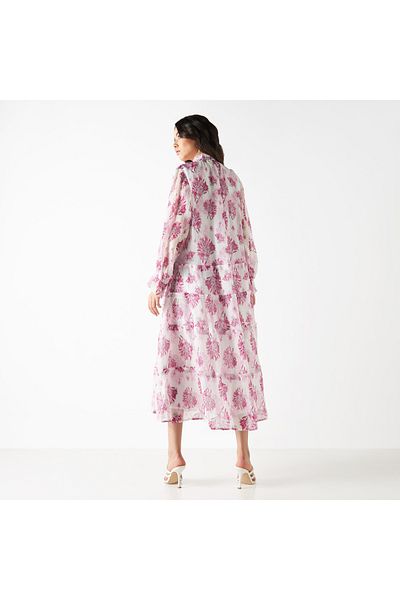 Iconic All-over Floral Print Tiered Dress With Long Sleeves And Neck Tie-ups