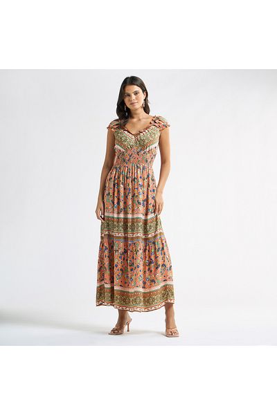 FAV All-over Print V-neck Tiered Dress With Cap Sleeves