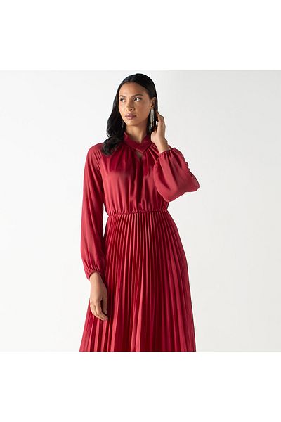 Iconic Pleated Maxi Asymmetric Dress With Long Sleeves