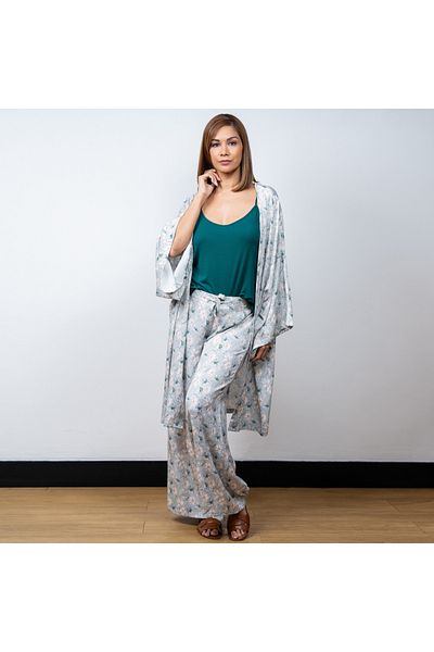 Aadaraya Floral Print Open Front Kaftan With Wide Leg Pants And Camisole Set