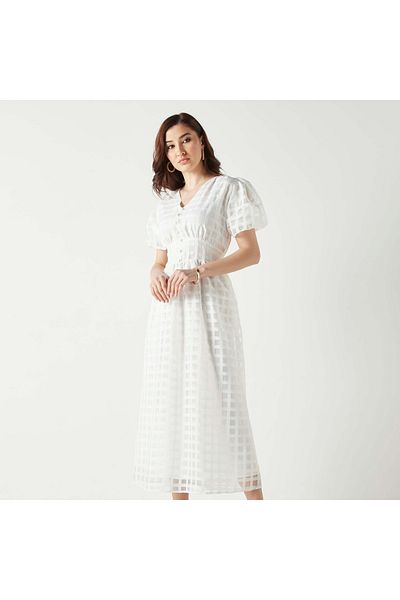 2Xtremz All-over Checked Midi Dress With V-neck And Balloon Sleeves