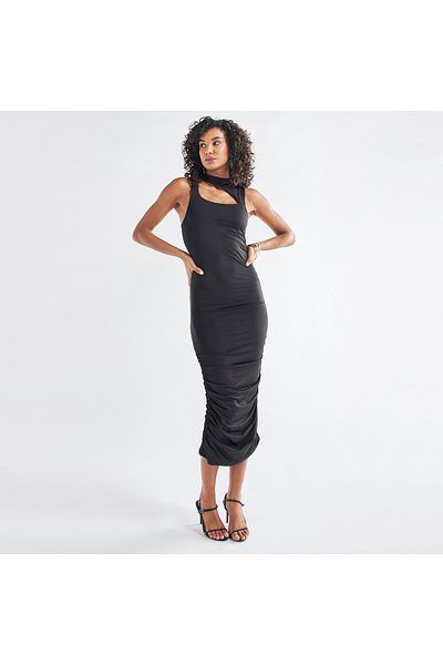 FAV Cutout Detail Sleeveless Slinky Bodycon Dress With Ruching