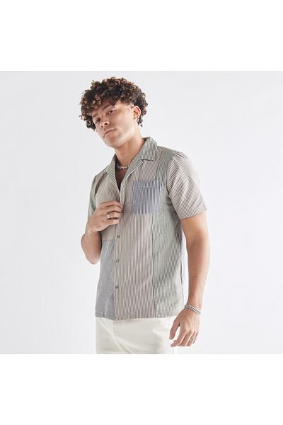 FAV Striped Camp Collar Shirt With Pocket And Short Sleeves