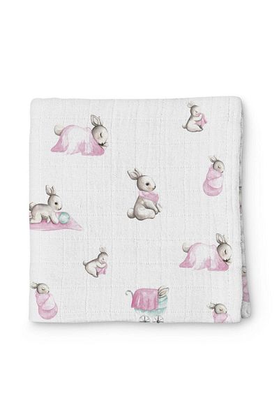 DEUX LAPINS 100% Cotton Muslin Baby Blanket - Bébé Lapin Rose 120X120 cm