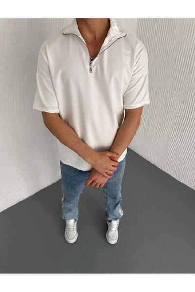 CAST COLLECTİON Muška bela majica sa zatvaračem i ovratnikom Oversize kroj