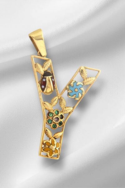 KRAFTIVA JEWELRY 14 Ayar Altın Y Harfli Çiçekli Cennet Bahçesi Kolye Ucu