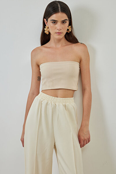 Hooopstore Nervürlü Krem Krep Pantolon