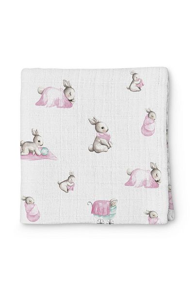 DEUX LAPINS 100% Cotton Muslin Baby Blanket - 100X100Cm Lapin Rose