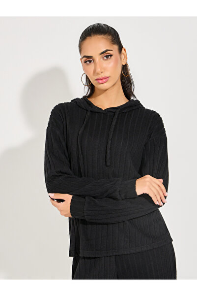 Styli Rib Knit Hooded Top & Wide Leg Pants Co-Ords