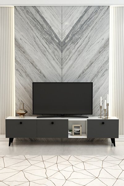 izcodesign Hera 180 cm Beyaz Antrasit 3 Kapaklı Modern TV Ünitesi – Şık TV Se...