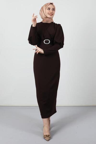 giz astore Yakası Çapraz Elbise Acı Kahve