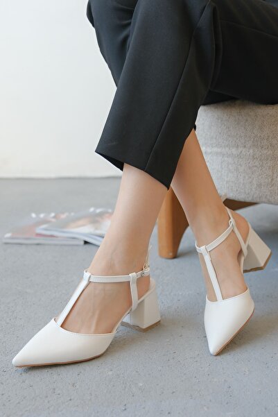 MODAADAM Pantofi albi cu toc gros pentru femei