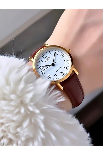 Q&Q Women's Brown Shiny Thin Case Elegant Wristwatch - Classic Model, Leather Strap
