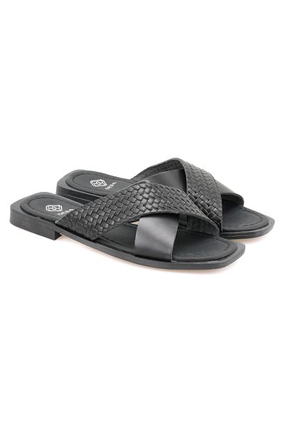 Desa Women's Black Knitted Printed Leather Slippers